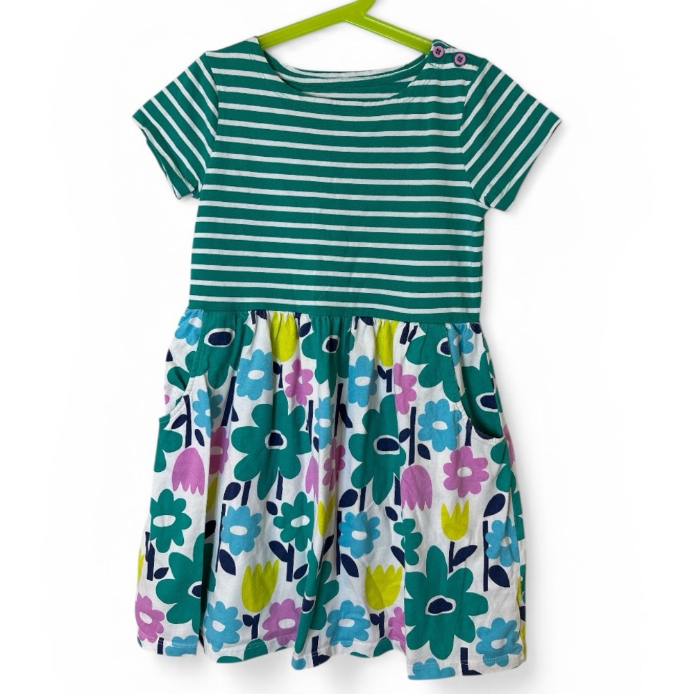 Mini Boden Girls Floral Dress 7-8 Green Stripe Garden Print Cottagecore Spring - Picture 2 of 13